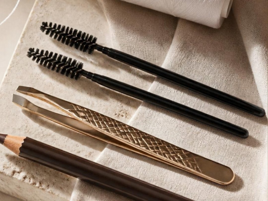 Brow brushes, tweezers and a brow pencil on a linen towel (illustrative stock photo, not taken at Ms. Annie's Waxing Studio)