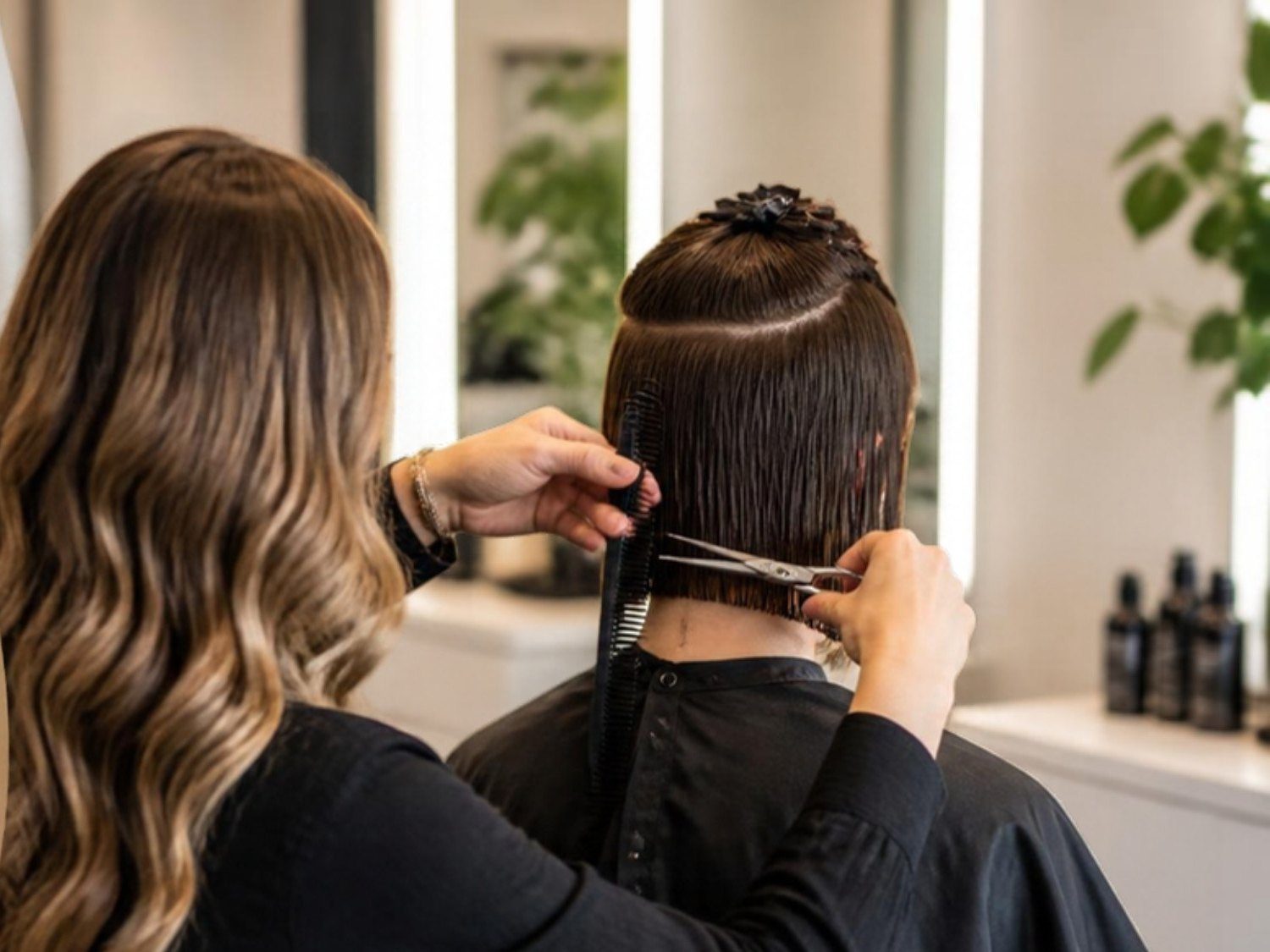 Stylist's scissors and comb beside freshly cut hair (illustrative stock photo, not taken at Elevate Studio)