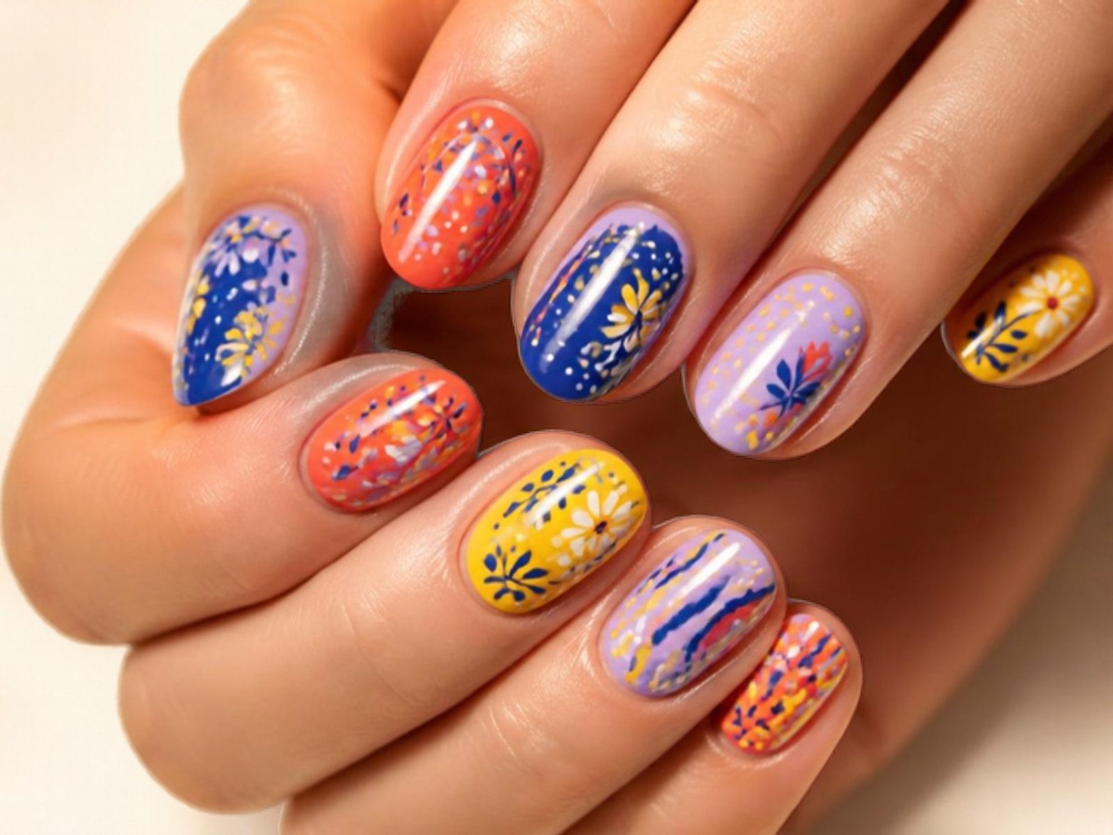 Close-up of a hand with detailed, colorful nail art (illustrative stock photo, not taken at Curve Nail Studio)